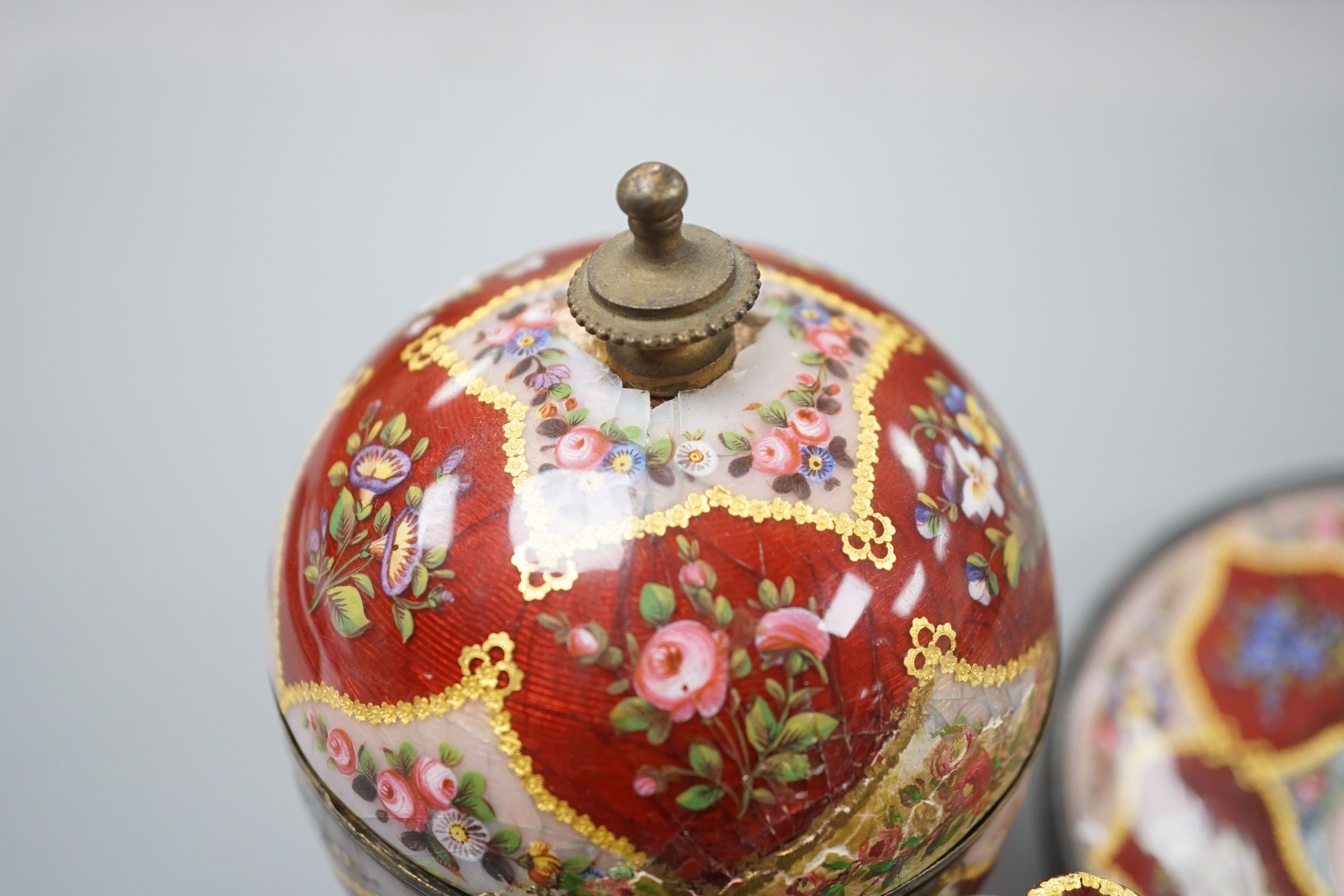 A 19th century Swiss white metal and enamel jam or sugar pot, cover and stand, made for the Ottoman market, 12.5 cms high.